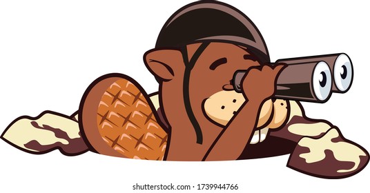 vector mascot cartoon illustration of private beaver are lurking in the trenches