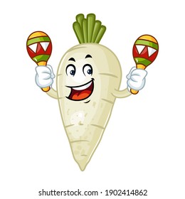 Vector mascot, cartoon and illustration of a radish holding maracas