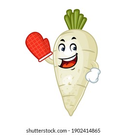 Vector mascot, cartoon and illustration of a radish wearing cooking glove