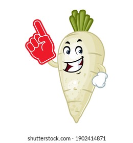 Vector mascot, cartoon and illustration of a radish wearing finger foam