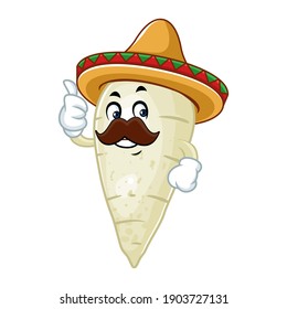 Vector mascot, cartoon and illustration of a radish wearing sombrero