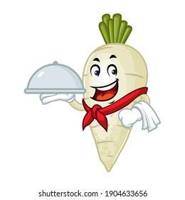 Vector mascot, cartoon, and illustration of a radish holding food tray