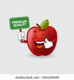 Vector mascot, cartoon, and illustration of a red apple holding premium quality sign board