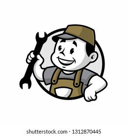 Vector mascot, cartoon, and illustration of a retro handyman holding double wrench badge version