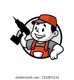 Vector mascot, cartoon, and illustration of a retro handyman holding drill badge version