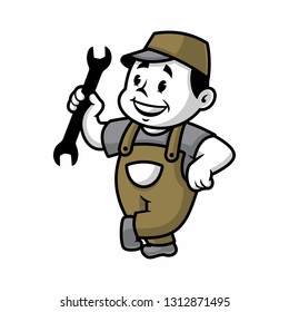 Vector mascot, cartoon, and illustration of a retro handyman holding double wrench