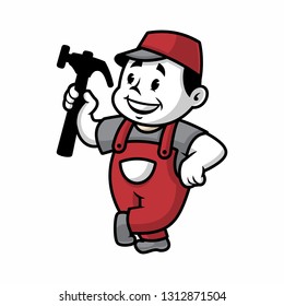 Vector mascot, cartoon, and illustration of a retro handyman holding hammer