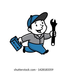 Vector mascot, cartoon, and illustration of a retro running handyman adjustable wrench 