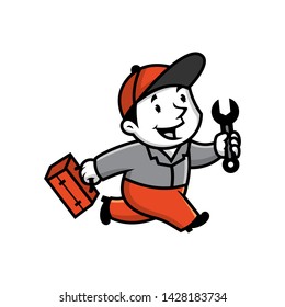 Vector mascot, cartoon, and illustration of a retro running handyman holding wrench
