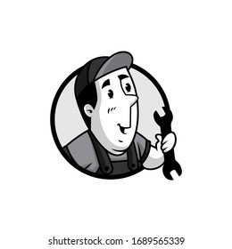 Vector mascot, cartoon, and illustration of a retro handyman holding double wrench badge version.