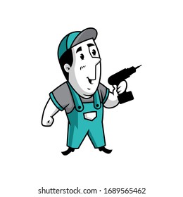 Vector mascot, cartoon, and illustration of a retro handyman holding drilling tool.