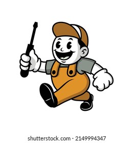 Vector mascot, cartoon, and illustration of a retro walking handyman holding screwdriver with orange costume.