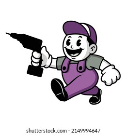 Vector mascot, cartoon, and illustration of a retro walking handyman holding drill with purple costume.