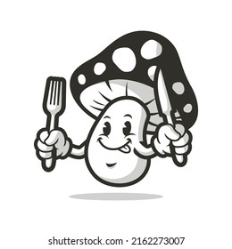 Vector mascot, cartoon, and illustration of a retro mushroom holding fork and knive.