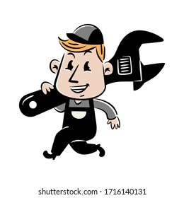 Vector mascot, cartoon, and illustration of a running handyman vintage retro, 60s, 80s shouldering adjustable wrench.