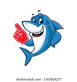 Vector mascot, cartoon, and illustration of a shark wearing finger foam