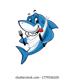 Vector mascot, cartoon, and illustration of a shark holding spoon and fork