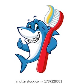 Vector mascot, cartoon, and illustration of a shark holding toothbrush