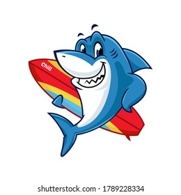 Vector mascot, cartoon, and illustration of a shark holding surfing board