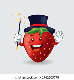 Vector mascot, cartoon, and illustration of a strawberry holding magic stick