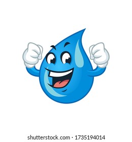 Mascota vectorial, dibujos animados e ilustración de una gota de agua fuerte 