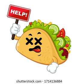 Vector mascot, cartoon, and illustration of a taco holding sign board and say help!