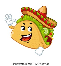 Vector mascot, cartoon, and illustration of a taco say hi! wearing sombrero hat