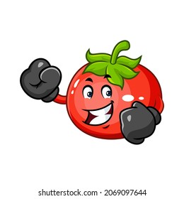 Vector mascot, cartoon and illustration of a tomato wearing boxing gloves