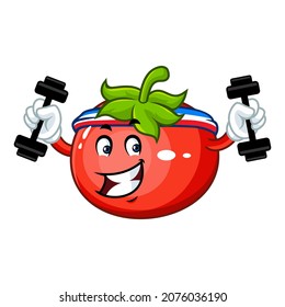 Vector mascot, cartoon and illustration of a tomato doing exercises with dumbbells