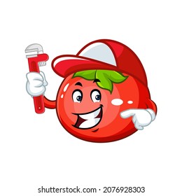 Vector mascot, cartoon and illustration of a tomato holding pipe wrench