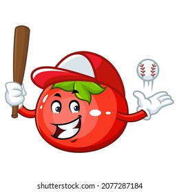 Vector mascot, cartoon and illustration of a tomato baseball player holding stick and ball