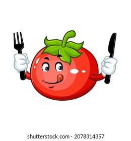 Vector mascot, cartoon and illustration of a tomato holding spoon and fork