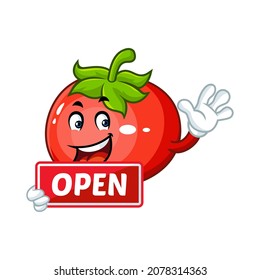 Vector mascot, cartoon and illustration of a tomato holding open sign board