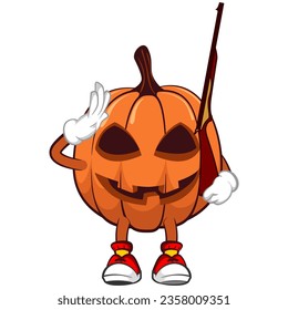 Mascota vectorial, caricatura e ilustración de una calabaza de halloween que lleva un rifle saludando con una postura de azotes