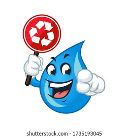 Vector mascot, cartoon, and illustration of a water drop holding recycle sign board