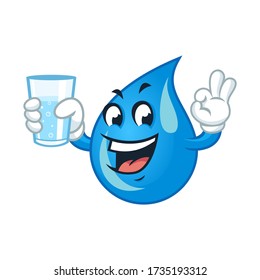 Vector mascot, cartoon, and illustration of a water drop holding water glass