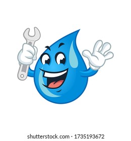 Vector mascot, cartoon, and illustration of a water drop holding wrench