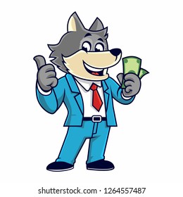 Vector mascot, cartoon, and illustration of a wolf cash 