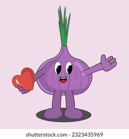 vector mascot cartoon onion holding a heart for illustration or merchandise