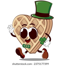 vector mascot character from a cheerful a heart-shaped waffle walking carrying clavicle leaves, wearing a green hat and bow tie