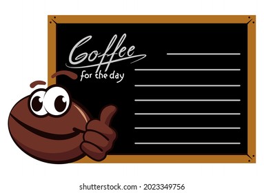 vector mascot character of coffee beans in front of chalkboard