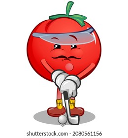 vector mascot character of concentrated cute tomato going to swing a golf ball