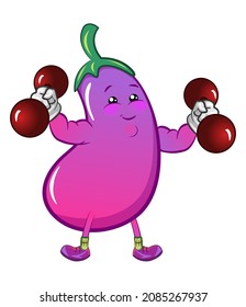 vector mascot character of a cute eggplant is practicing lifting barbells with enthusiasm