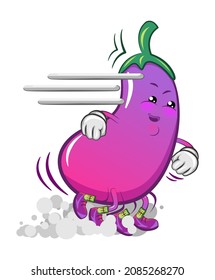 vector mascot character of cute eggplant running fast
