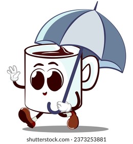 personaje de mascota vectorial de una taza adorable caminando con un paraguas