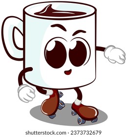 Vector mascot character from a cute mug is roller skating with enthusiasm