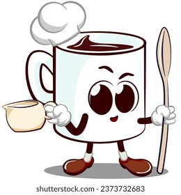 vector mascot character from a cute mug carrying a container filled with cream and also carrying a spoon