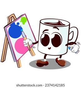 vector mascot character from a cute mug is painting on canvas with a brush and tube of paint