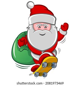 vector mascot character, cute santa claus skateboarding while carrying christmas gifts