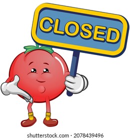 vector mascot character of cute tomato carrying a sign that says closed